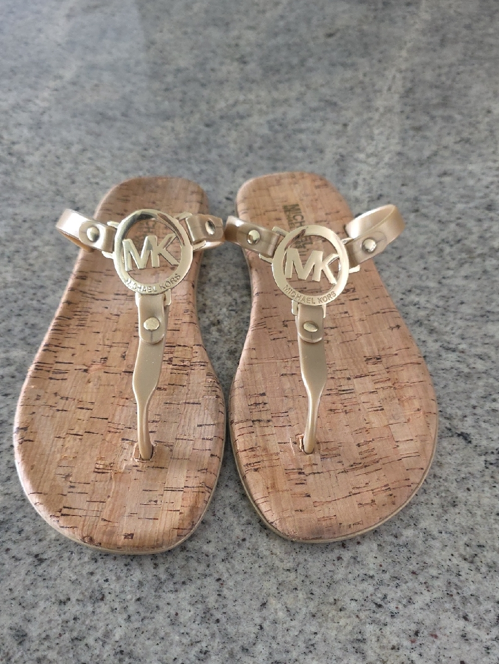 Michael Kors Metallic Gold MK Logo Cork Thong Sandals